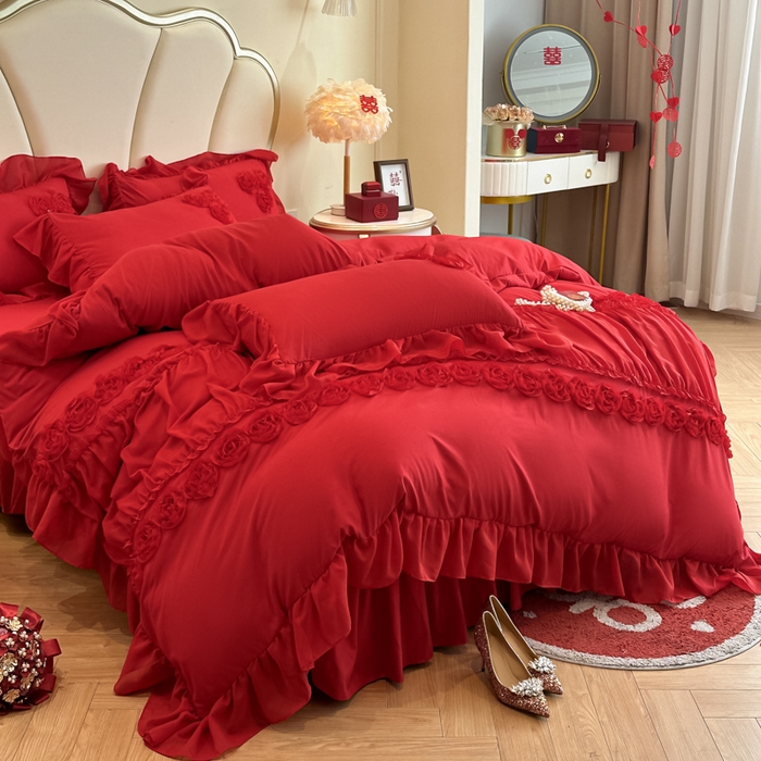 91家纺网 家纺一手货源 找家纺 富盛家纺2025新款婚庆亲肤棉磨毛刺绣四件套 喜庆—甜蜜蜜