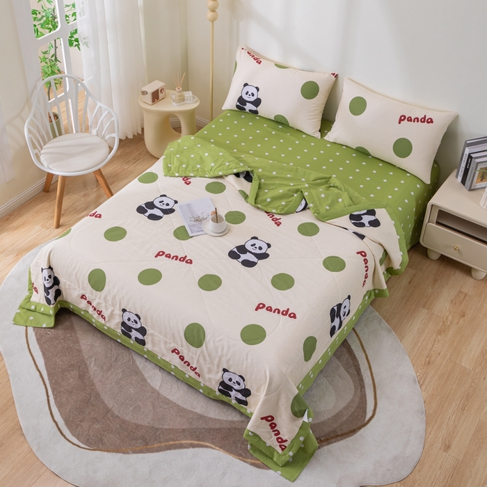 91家纺网 家纺一手货源 找家纺 鑫棉坊 【又降价啦】2025新款全棉A类印花纯棉花夏被可机洗空调被 可爱熊猫-绿