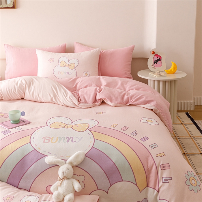 91家纺网 家纺一手货源 找家纺 馨语家居 2025新款全棉双层纱四件套 彩虹兔