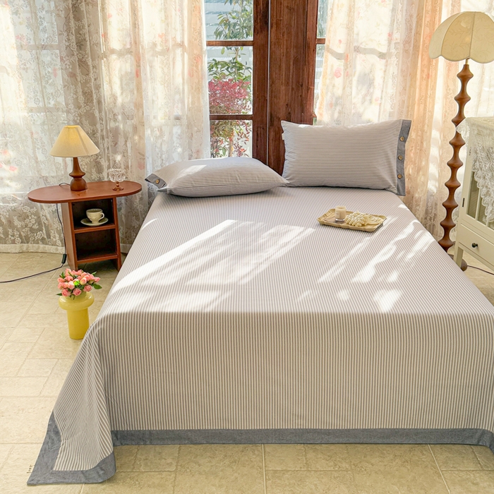 91家纺网 家纺一手货源 找家纺 简宜家居 2025新款宽边纯棉全棉老粗布床单 条纹-灰咖宽边