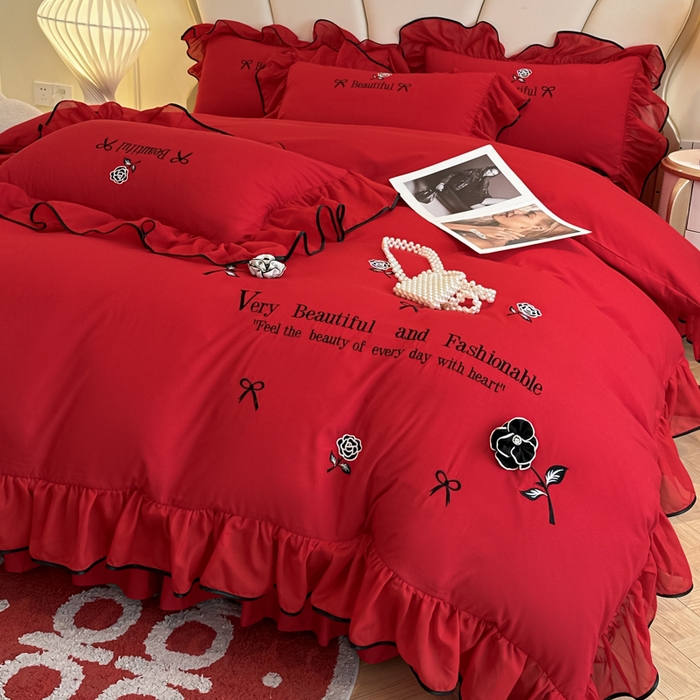 91家纺网 家纺一手货源 找家纺 富盛家纺2025新款婚庆亲肤棉磨毛刺绣四件套 喜庆—茹意