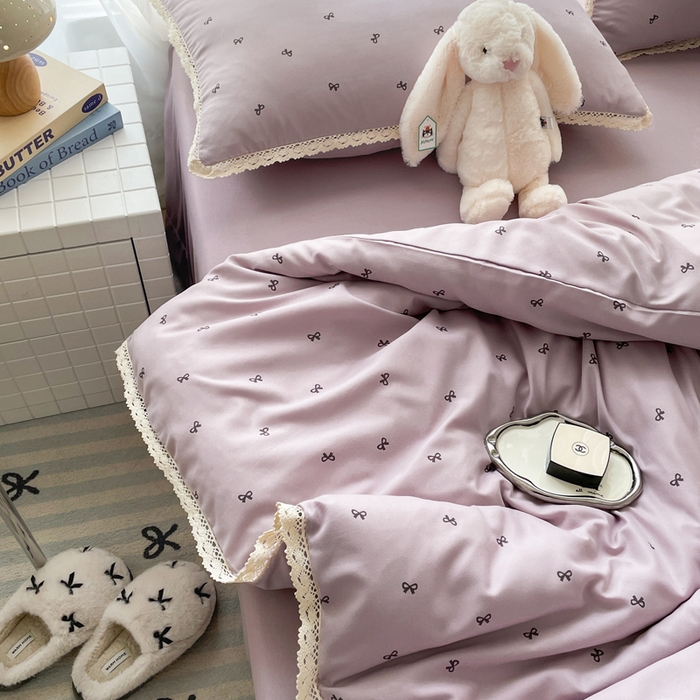 91家纺网 家纺一手货源 找家纺 仟网汇 2025新款韩版镂空花边针织双层纱四件套 可颂紫