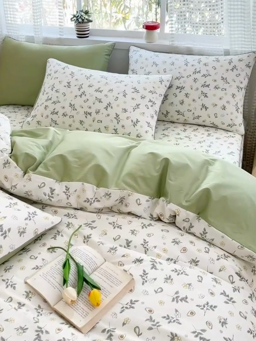 91家纺网 家纺一手货源 找家纺 元元被芯 2025新款40支13372全棉印花全棉夹棉床笠四件套 绿意