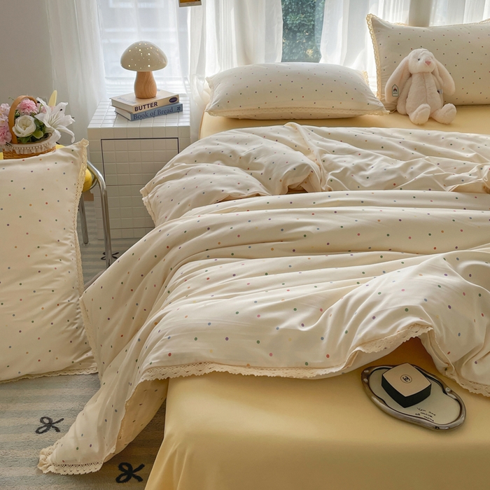 91家纺网 家纺一手货源 找家纺 仟网汇 2025新款韩版镂空花边针织双层纱四件套 彩波点