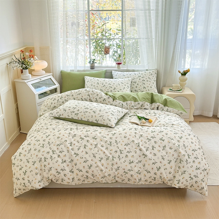 91家纺网 家纺一手货源 找家纺 元元被芯 2025新款40支13372全棉印花全棉夹棉床笠四件套 绿意