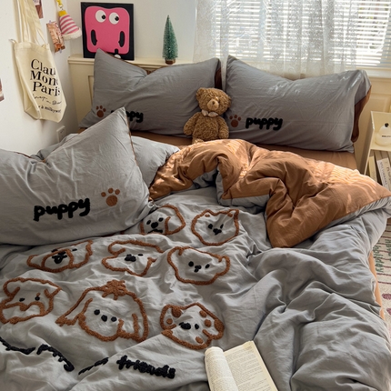 花伞家居 2025新款精灵水洗棉毛巾绣四件套含买家秀 精灵-浅灰焦糖