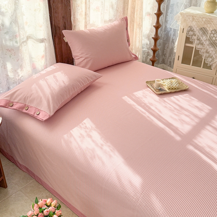 91家纺网 家纺一手货源 找家纺 简宜家居 2025新款宽边纯棉全棉老粗布床单 千鸟格-粉桃宽边