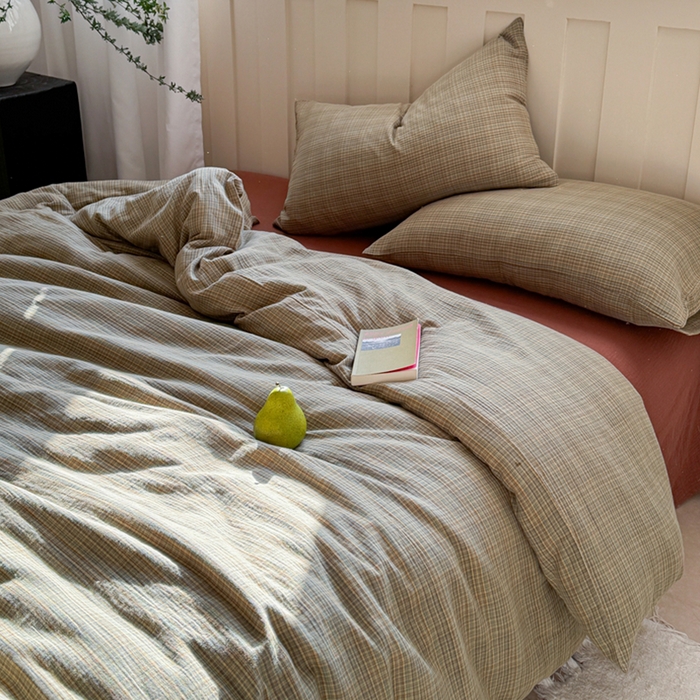 91家纺网 家纺一手货源 找家纺 萝莉家纺 2025新款复古全棉A类色织双层纱皱皱纱格子四件套 浮生湖蓝