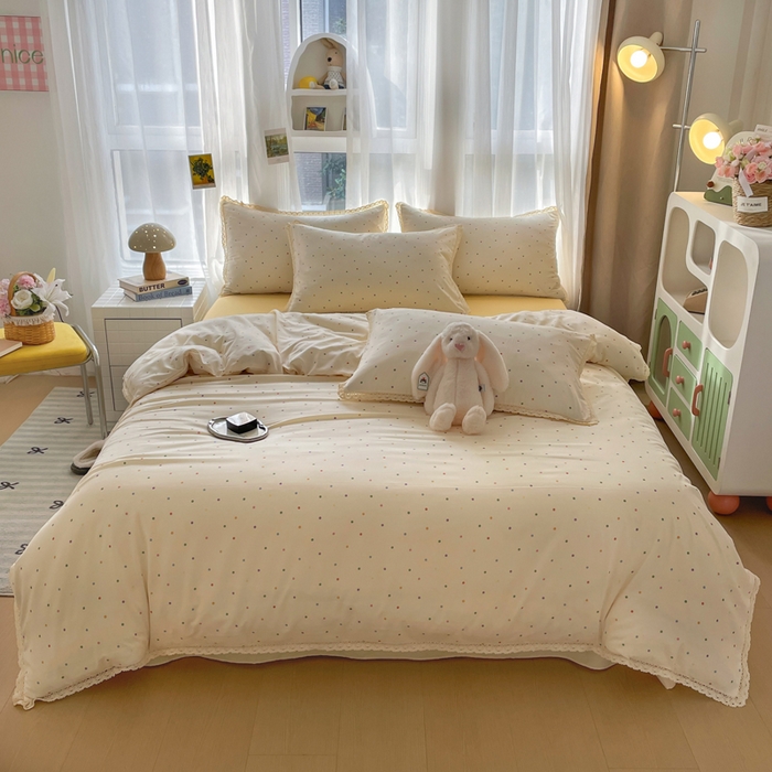 91家纺网 家纺一手货源 找家纺 仟网汇 2025新款韩版镂空花边针织双层纱四件套 彩波点