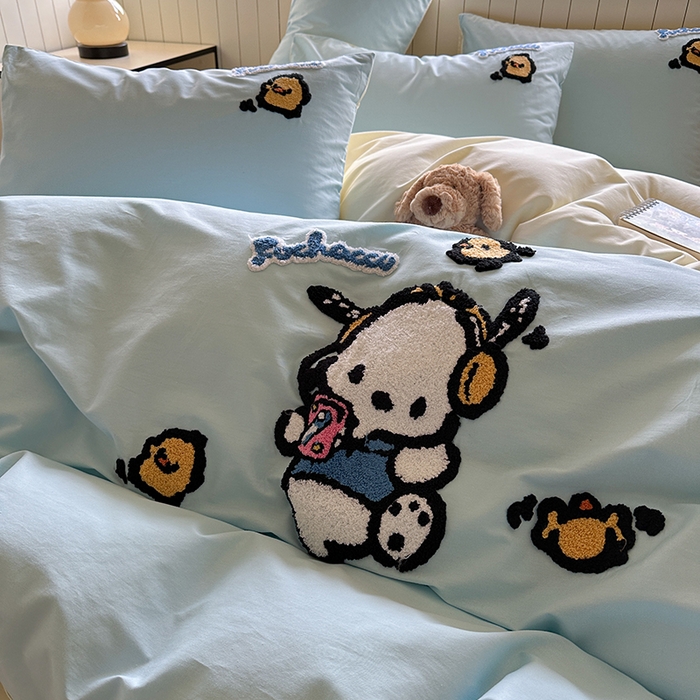 91家纺网 家纺一手货源 找家纺 金爱家 2025新款全棉毛巾绣四件套 毛巾绣-蓝蓝帕哈狗