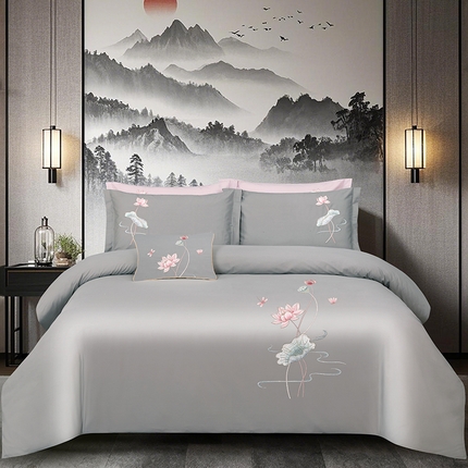 浩情国际婚庆供货中心 2026新款100支全棉高端刺绣中式风四件套--好运连连系列 好运连连-金属灰