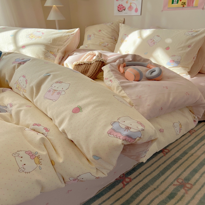 91家纺网 家纺一手货源 找家纺 六巷胡同 2025新款 INS减龄可爱风卡通全棉四件套第五系（森林音乐会系列） 波点嘟嘟猫