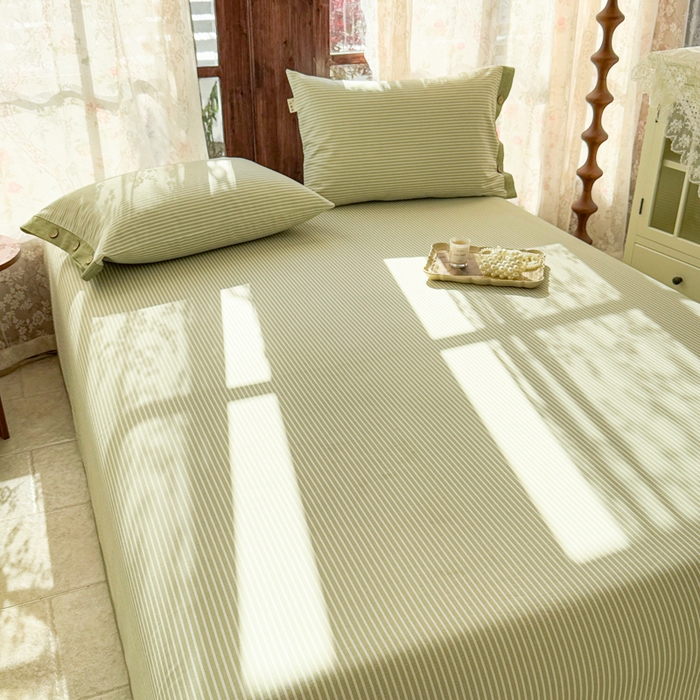 91家纺网 家纺一手货源 找家纺 简宜家居 2025新款宽边纯棉全棉老粗布床单 条纹-绿野宽边