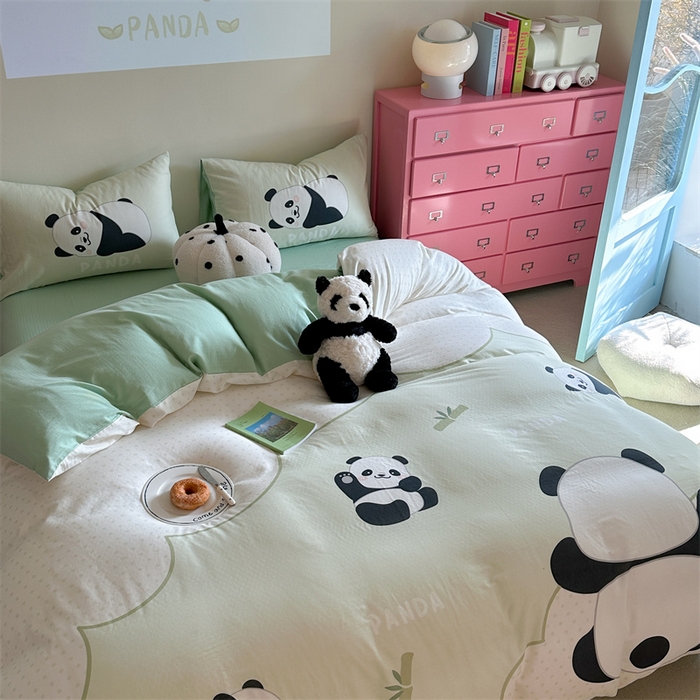 91家纺网 家纺一手货源 找家纺 馨语家居 2025新款全棉双层纱四件套 熊猫之家