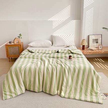 91家纺网 家纺一手货源 找家纺 心悦家纺  2025新款无印良品风100%全棉A类色织水洗条纹原棉大豆夏被春秋被冬被 原棉条纹-水绿