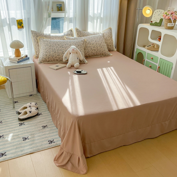 91家纺网 家纺一手货源 找家纺 仟网汇 2025新款韩版镂空花边针织双层纱四件套 茶野