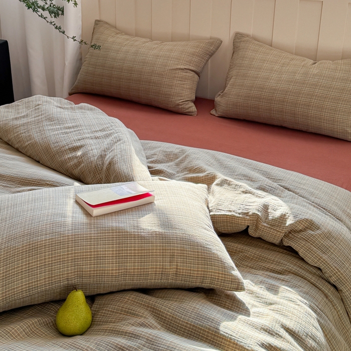 91家纺网 家纺一手货源 找家纺 萝莉家纺 2025新款复古全棉A类色织双层纱皱皱纱格子四件套 浮生湖蓝