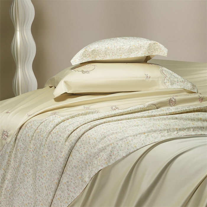 91家纺网 家纺一手货源 找家纺 高大尚婚庆馆 2025新款艾能棉高端绣花四件套-巴黎甜心 巴黎甜心-奶昔黄