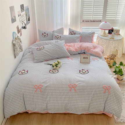 灰鲸2025新款ins韩系萌趣次元风猫咪蝴蝶结毛巾绣四件套 猫咪蝴蝶结（蓝格+樱花粉）