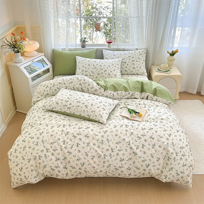 91家纺网 家纺一手货源 找家纺 元元被芯 2025新款40支13372全棉印花全棉夹棉床笠四件套 绿意