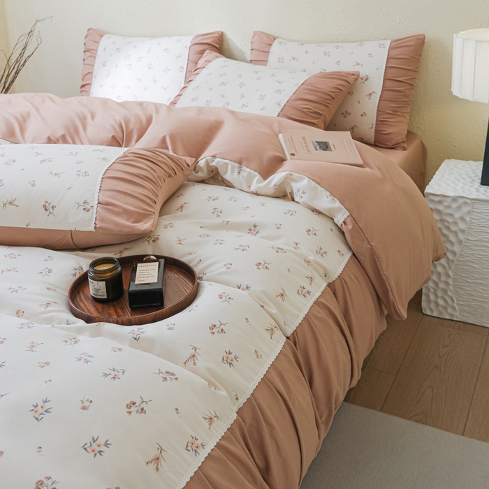 91家纺网 家纺一手货源 找家纺 布可家纺 2025新款A类法式清新褶皱印花四件套 醒春集