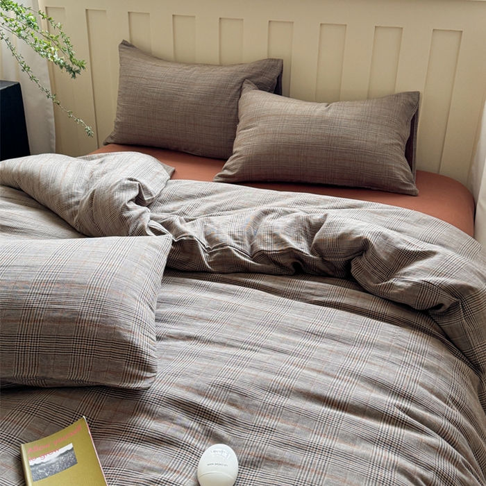 91家纺网 家纺一手货源 找家纺 萝莉家纺 2025新款复古全棉A类色织双层纱皱皱纱格子四件套 浮生咖韵