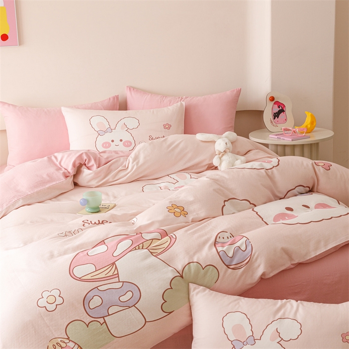 91家纺网 家纺一手货源 找家纺 馨语家居 2025新款全棉双层纱四件套 彩虹蘑菇