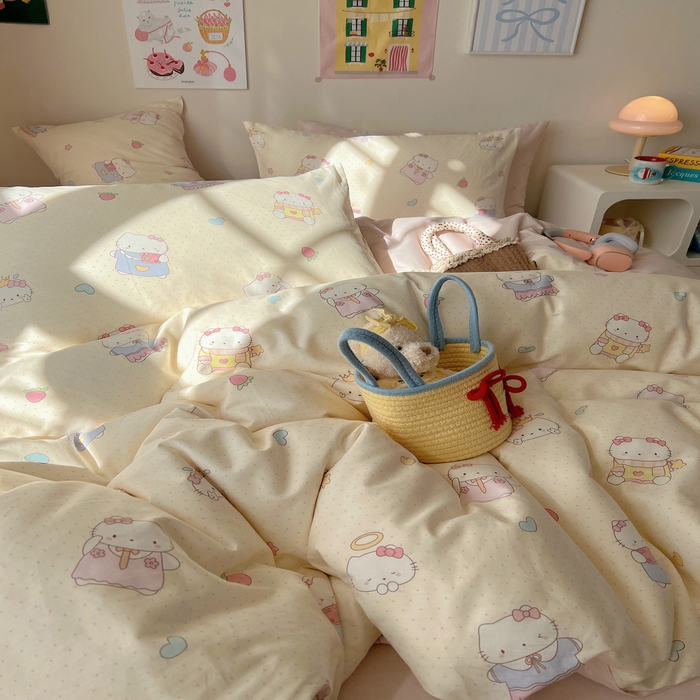 91家纺网 家纺一手货源 找家纺 六巷胡同 2025新款 INS减龄可爱风卡通全棉四件套第五系（森林音乐会系列） 波点嘟嘟猫