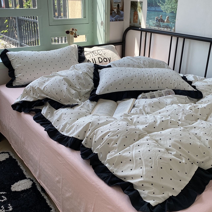 91家纺网 家纺一手货源 找家纺 老K (原美阁） 2025新款水洗棉赫本风波点四件套学生宿舍三件套床单款床笠款 波点白