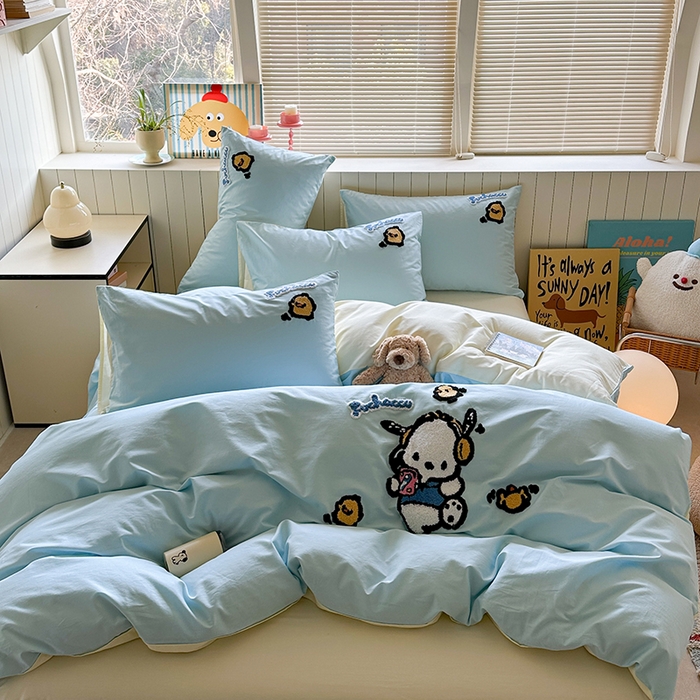 91家纺网 家纺一手货源 找家纺 金爱家 2025新款全棉毛巾绣四件套 毛巾绣-蓝蓝帕哈狗