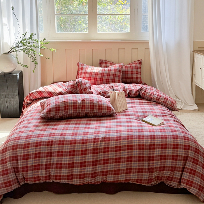 91家纺网 家纺一手货源 找家纺 萝莉家纺 2025新款复古全棉A类色织双层纱皱皱纱格子四件套 安格拉红