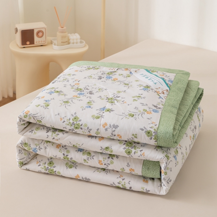 91家纺网 家纺一手货源 找家纺 鑫棉坊 2025新款A类全棉印花大豆纤维空调被大豆被 斐叶花影-绿