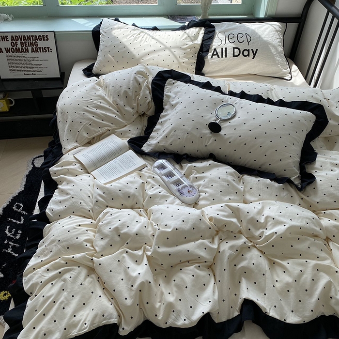 91家纺网 家纺一手货源 找家纺 老K (原美阁） 2025新款水洗棉赫本风波点四件套学生宿舍三件套床单款床笠款 波点米