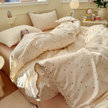 韩都家居2025新款水洗双层纱针织棉三角针四件套（包含买家秀） 奶油波点米