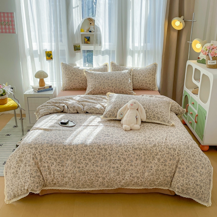 91家纺网 家纺一手货源 找家纺 仟网汇 2025新款韩版镂空花边针织双层纱四件套 茶野