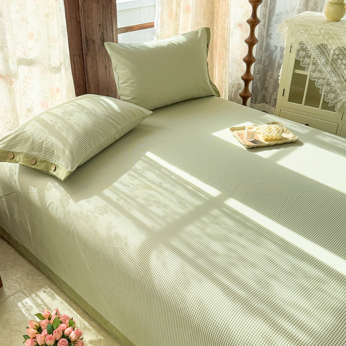 91家纺网 家纺一手货源 找家纺 简宜家居 2025新款宽边纯棉全棉老粗布床单 千鸟格-绿野宽边