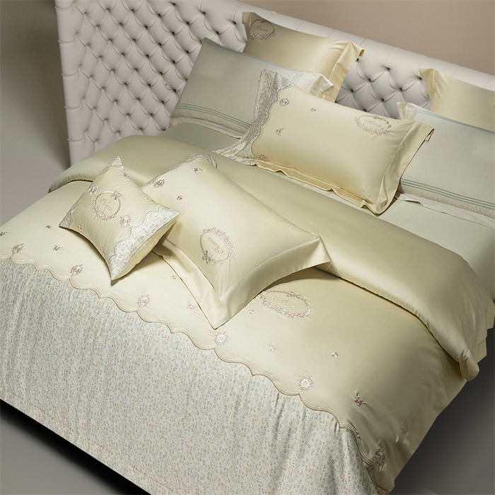 91家纺网 家纺一手货源 找家纺 高大尚婚庆馆 2025新款艾能棉高端绣花四件套-巴黎甜心 巴黎甜心-奶昔黄