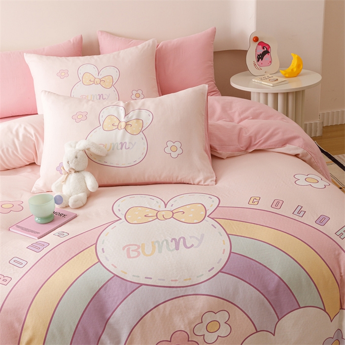 91家纺网 家纺一手货源 找家纺 馨语家居 2025新款全棉双层纱四件套 彩虹兔