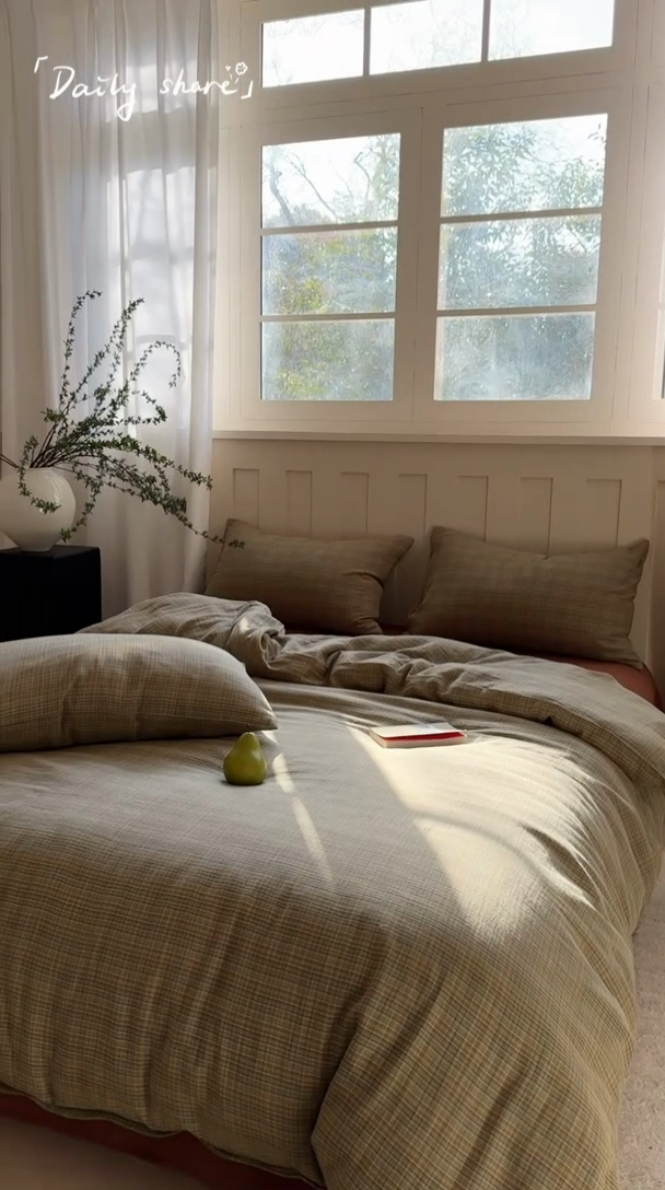 91家纺网 家纺一手货源 找家纺 萝莉家纺 2025新款复古全棉A类色织双层纱皱皱纱格子四件套 浮生湖蓝