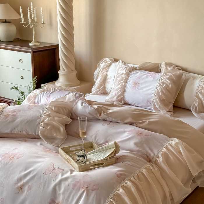 91家纺网 家纺一手货源 找家纺 佳汐蓝家纺 2025新款100支澳棉四件套-蝶恋花 淡粉色