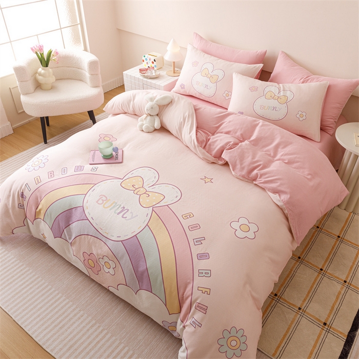 91家纺网 家纺一手货源 找家纺 馨语家居 2025新款全棉双层纱四件套 彩虹兔