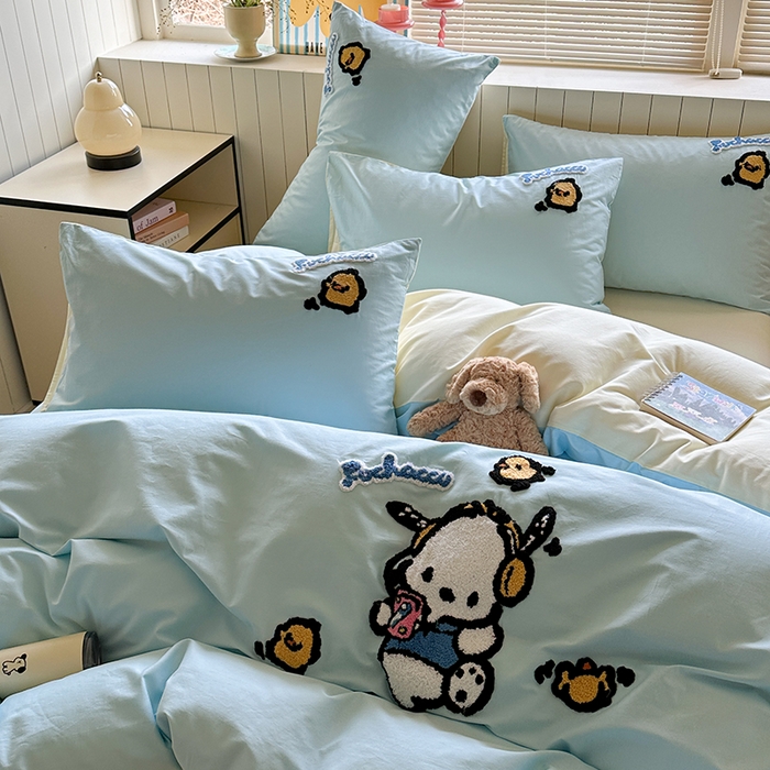 91家纺网 家纺一手货源 找家纺 金爱家 2025新款全棉毛巾绣四件套 毛巾绣-蓝蓝帕哈狗