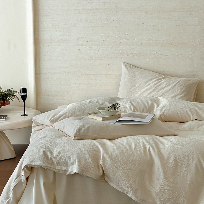 91家纺网 家纺一手货源 找家纺 梦享生活家居 2025新款全棉三层肌理提花四件套-素写系列 素写-奶油白