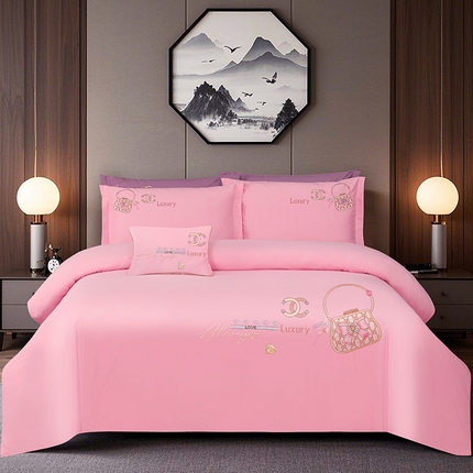 浩情国际婚庆供货中心 2026新款100支全棉高端刺绣中式风四件套--米尔顿系列 米尔顿-粉玉