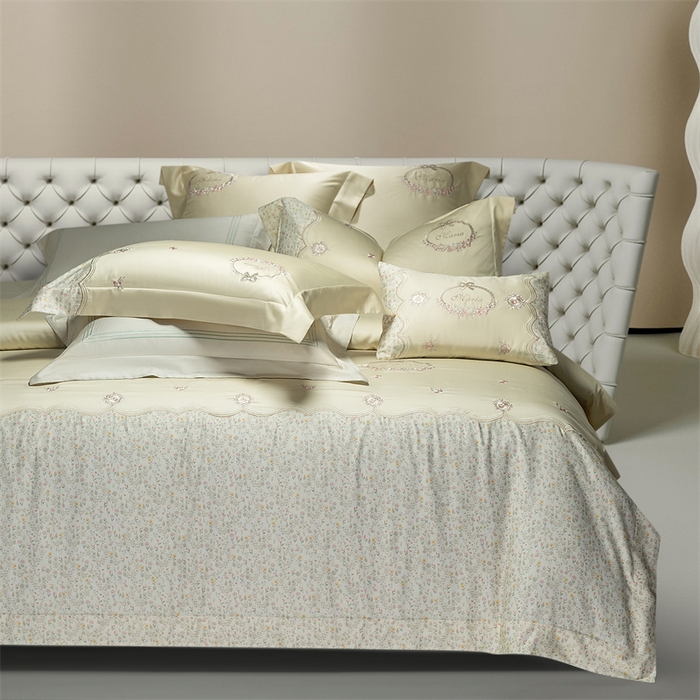 91家纺网 家纺一手货源 找家纺 高大尚婚庆馆 2025新款艾能棉高端绣花四件套-巴黎甜心 巴黎甜心-奶昔黄