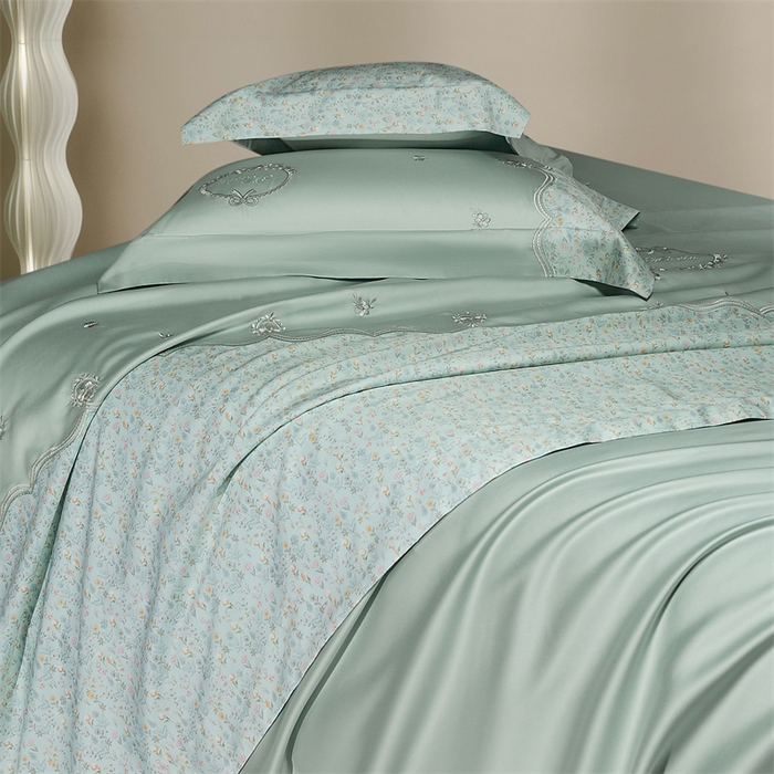 91家纺网 家纺一手货源 找家纺 高大尚婚庆馆 2025新款艾能棉高端绣花四件套-巴黎甜心 巴黎甜心-清新绿