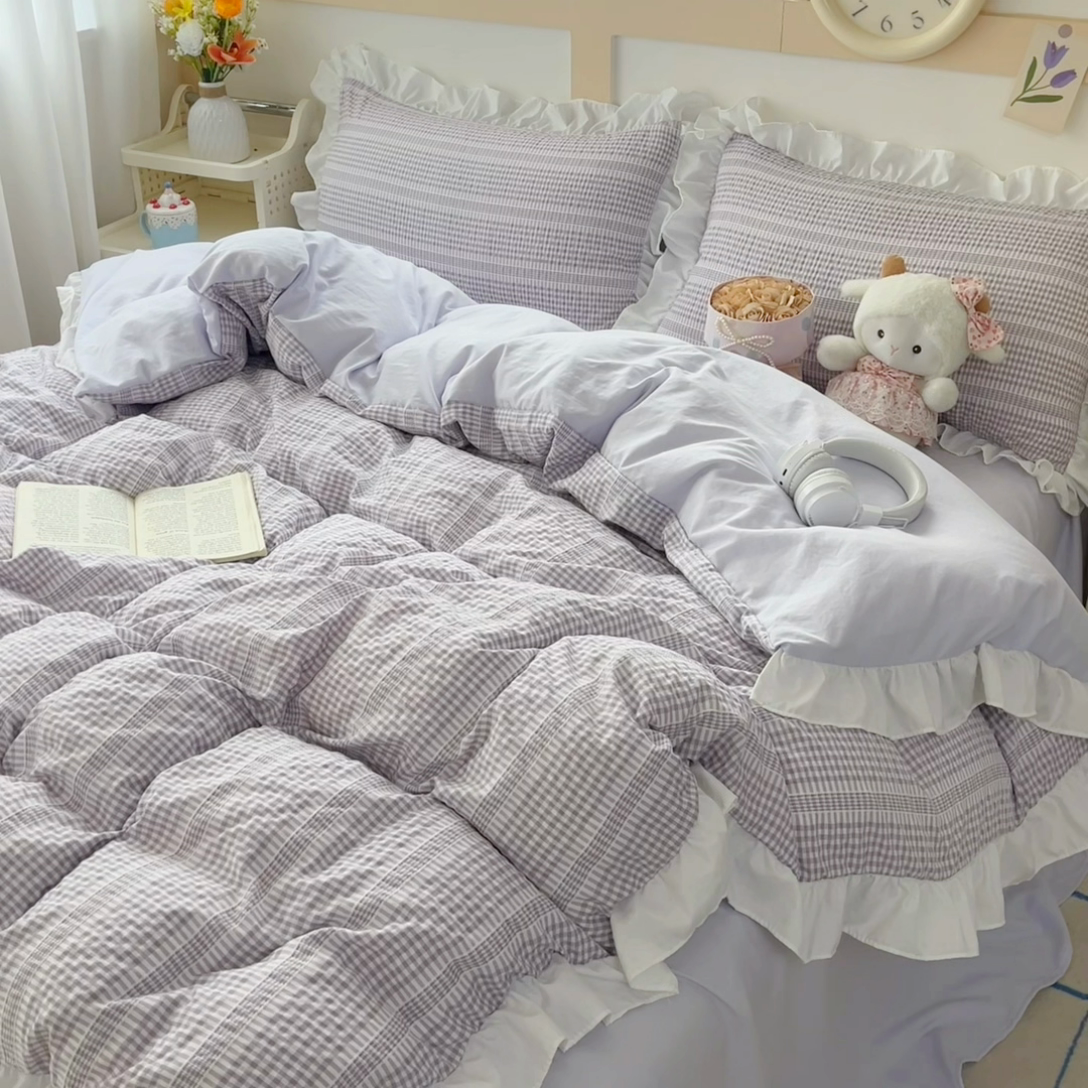 91家纺网 家纺一手货源 找家纺 慕希家纺 2025新款针织棉泡泡纱韩版工艺花边款四件套 花边款-初恋-优雅紫