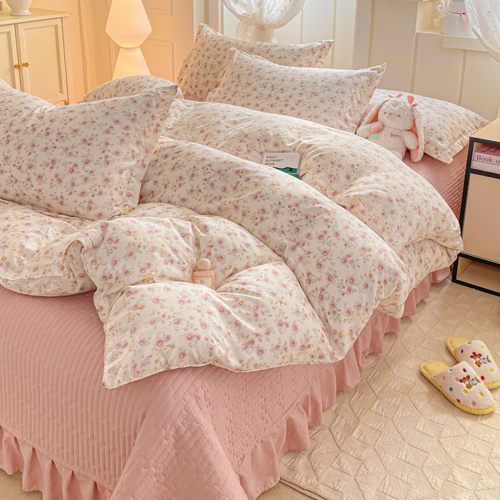 91家纺网 家纺一手货源 找家纺 梦莱斯 2025直播爆款公主风A类针织棉床盖四件套AA版被套 春色满园