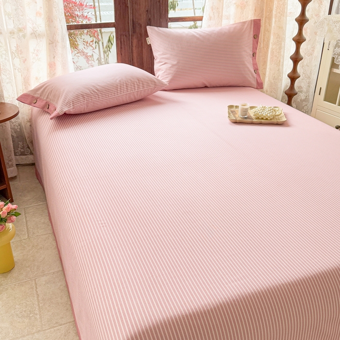 91家纺网 家纺一手货源 找家纺 简宜家居 2025新款宽边纯棉全棉老粗布床单 条纹-粉桃宽边
