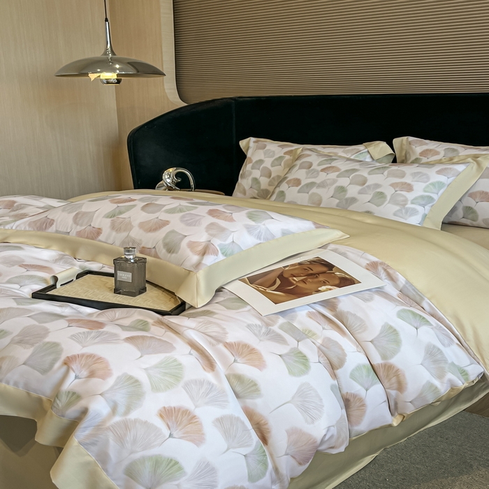 91家纺网 家纺一手货源 找家纺 2025春夏新款简奢款嵌绳莱赛尔数码印花四件套单夏被床笠床单款 林间蜜杏